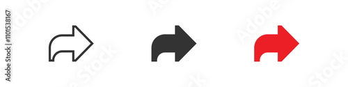 A set of three curved share arrow icons, including outlined, solid black, and red styles, symbolizing direction, navigation, or sharing in modern design. Vector isolated