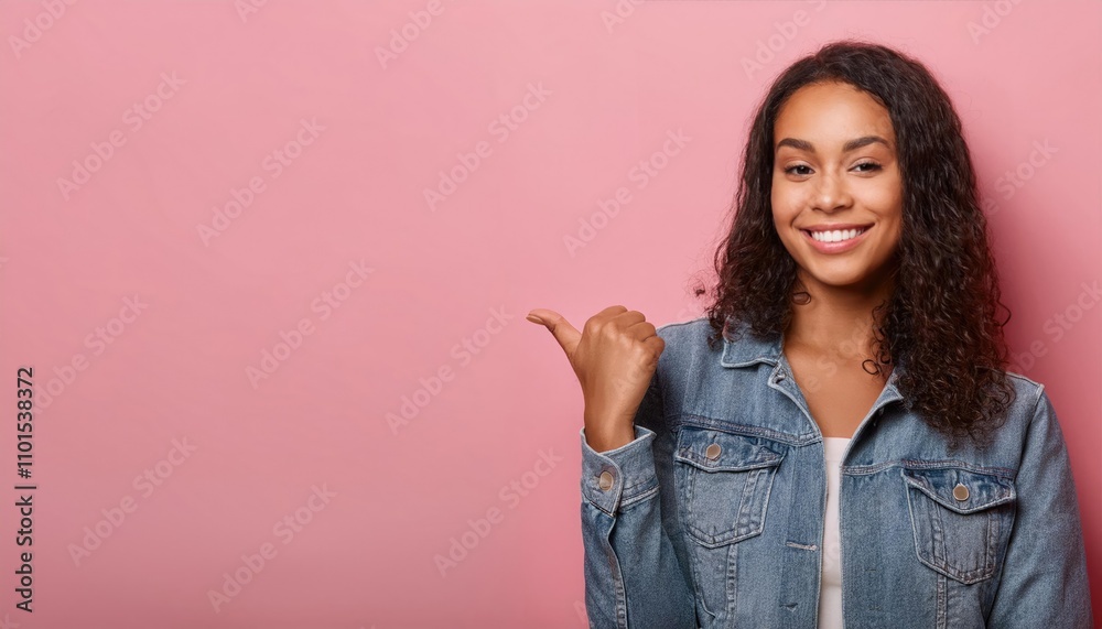 woman with happy expression advices use this copy space wisely, dressed in fashionable denim jacket, points with thumb aside woman with happy expression advices use this copy space wisely, dressed in fashionable denim jacket, points with thumb aside