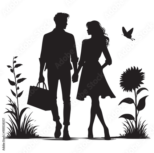 Couple standing silhouette vector illustration