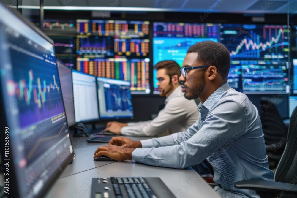 A vibrant image of a team of financial analysts working on stock market data in a modern trading room, The room is equipped with large screens displaying live market trends, sophisticated software A vibrant image of a team of financial analysts working on stock market data in a modern trading room, The room is equipped with large screens displaying live market trends, sophisticated software