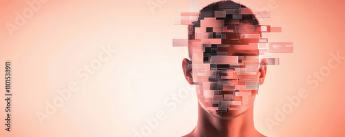 Abstract representation of identity with fragmented digital elements, showcasing human face merging with technology, evoking sense of transformation and modernity photo