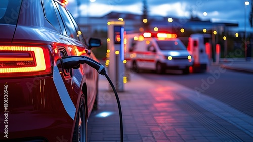 Police electric vehicle or ambulance at dedicated emergency services charging station. 