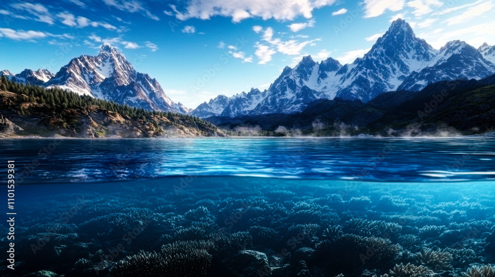 breathtaking view of mountains and clear water showcasing nature beauty breathtaking view of mountains and clear water showcasing nature beauty