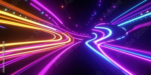 Abstract tech background shows vibrant neon light trails. High-speed motion effect creates dynamic lines. Colorful glowing lines curve, twist in space. Empty space scene with spotlight effect.