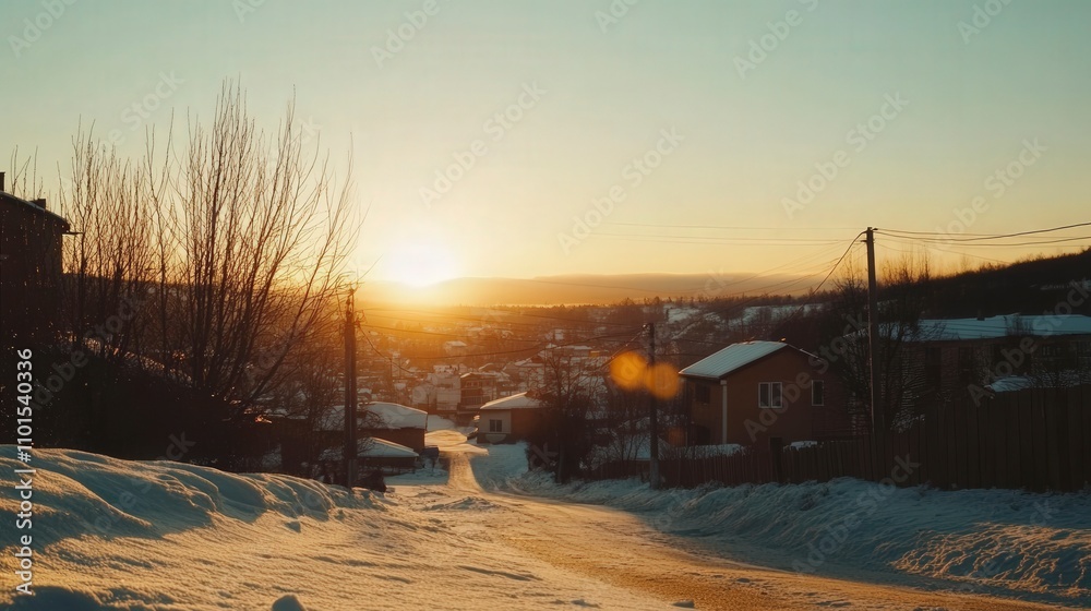 Serene Winter Sunset Over a Snowy Village Road with Warm Golden Light Illuminating the Houses and Frosted Landscape in a Peaceful Rural Setting Serene Winter Sunset Over a Snowy Village Road with Warm Golden Light Illuminating the Houses and Frosted Landscape in a Peaceful Rural Setting