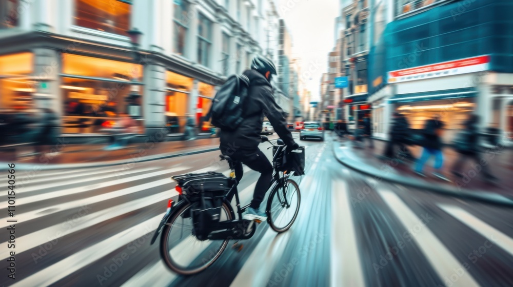 An action shot of a courier on a bike navigating through city streets, representing the logistics and delivery aspect of e-commerce businesses, The city is bustling with people and traffic An action shot of a courier on a bike navigating through city streets, representing the logistics and delivery aspect of e-commerce businesses, The city is bustling with people and traffic
