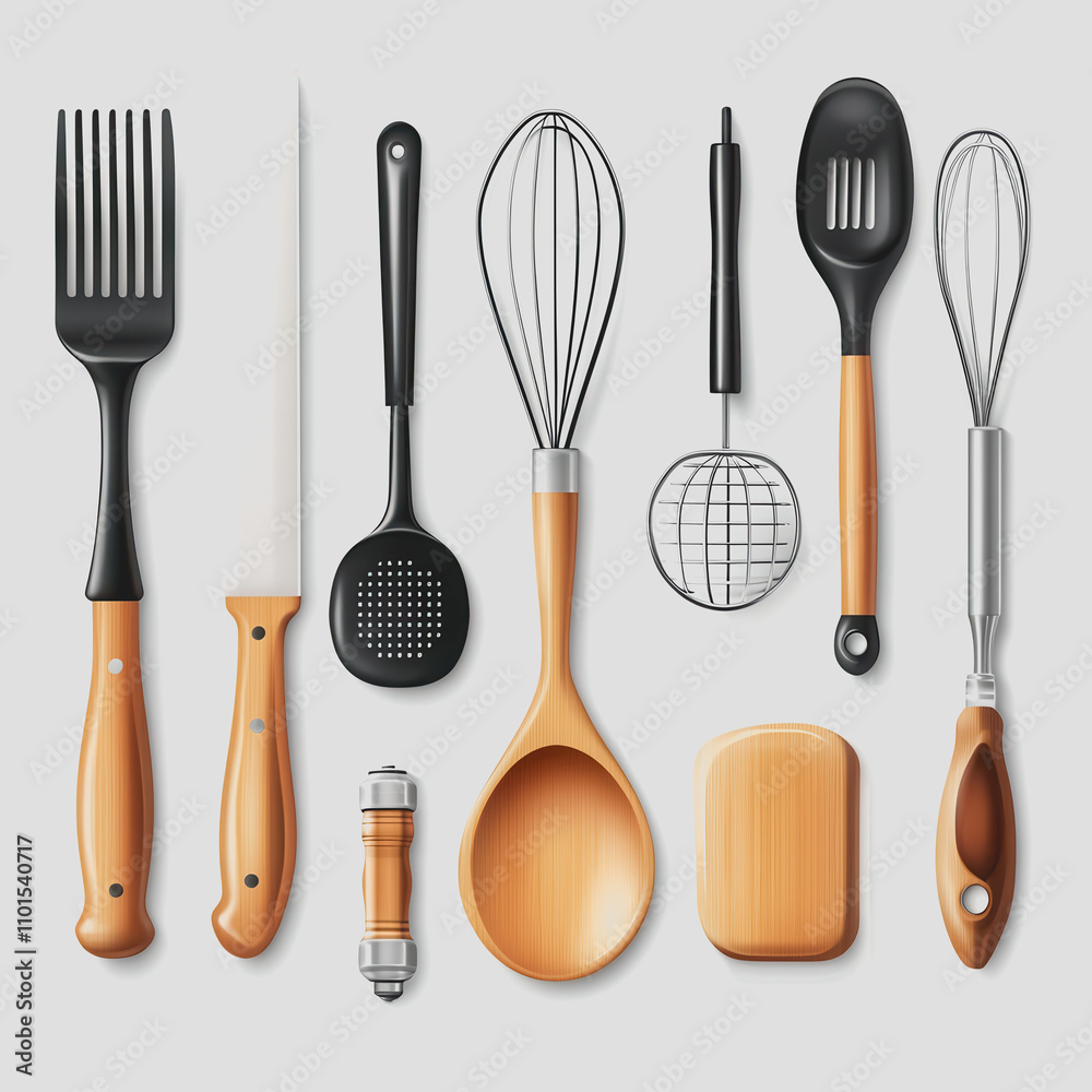 Stock Vector Image of Kitchen Tools Isolated on White Background, Featuring Forks, Spoons, Whisks, and More for Culinary Use and Design Projects Stock Vector Image of Kitchen Tools Isolated on White Background, Featuring Forks, Spoons, Whisks, and More for Culinary Use and Design Projects