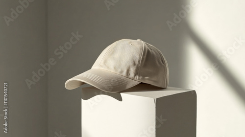 A detailed side view of a dad hat in beige