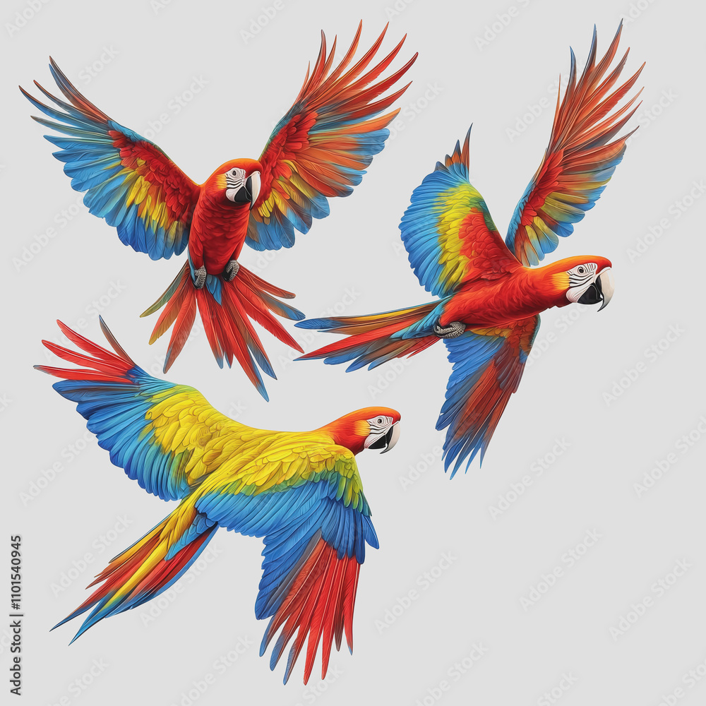 Fototapeta premium Colorful Macaws in Flight with Vibrant Feathers and Detailed Plumage Isolated on a Clean White Background for Artistic or Educational Use
