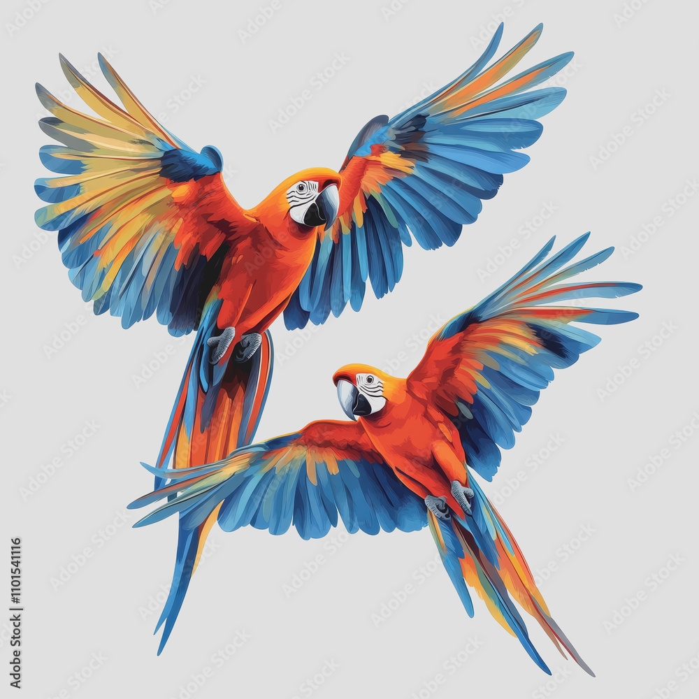Obraz premium Vibrant Red and Blue Macaws in Flight Isolated on White Background, Perfect for Nature and Wildlife Illustrations in Stock Images