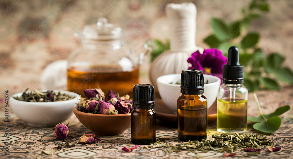 Aromatic Spa Setting: Herbal Tea, Essential Oils, and Massage Tools for Relaxation and Wellness Aromatic Spa Setting: Herbal Tea, Essential Oils, and Massage Tools for Relaxation and Wellness