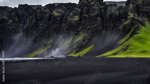 Icelandic volcanic landscape with black sand beaches glaciers and dramatic basalt columns, Ai Generated