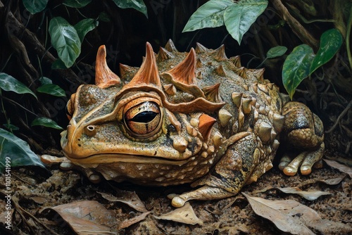 Spiky horned toad camouflaged in forest floor. photo