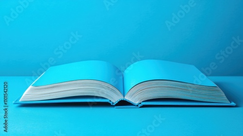 Open blue book on a solid turquoise background, showcasing blank pages ready for writing, creativity, education, or artistic projects in a minimalist style.