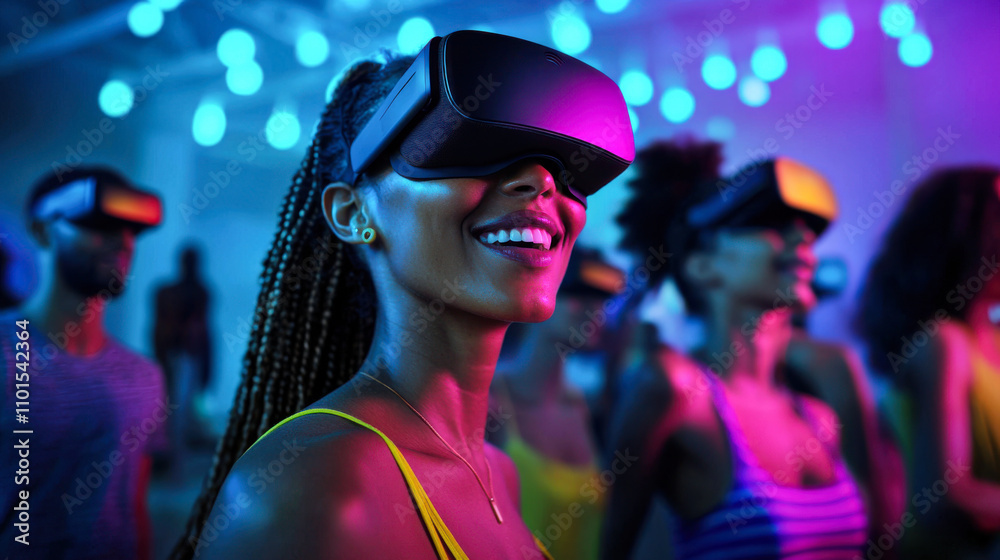 vibrant VR powered social gathering with joyful participants vibrant VR powered social gathering with joyful participants