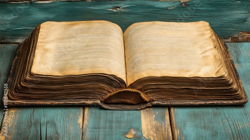 Antique Open Book on Rustic Wooden Table with Weathered Paint Showcasing Aged Pages and Historical Charm for Vintage Design and Literature Themes photo