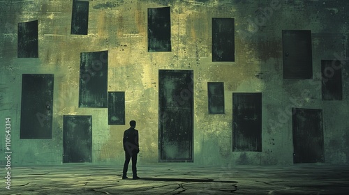 A lone man stands in a shadowy scene, staring at a large wall filled with various closed doors. The mysterious setting evokes curiosity and symbolizes life