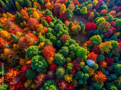 Aerial View of a Stunning Autumn Forest Floor Blanketed in Vibrant Red and Green Foliage, Capturing the Essence of Seasonal Change and Nature's Breathtaking Beauty