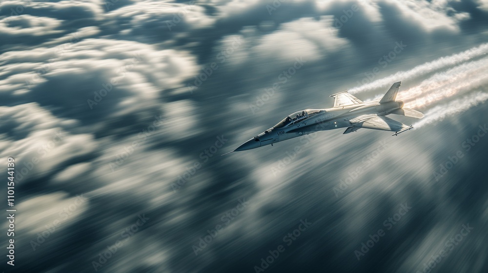 Naklejka premium Jet fighter soaring through dense clouds, leaving dynamic vapor trails, showcasing speed and power against a dramatic sky backdrop.