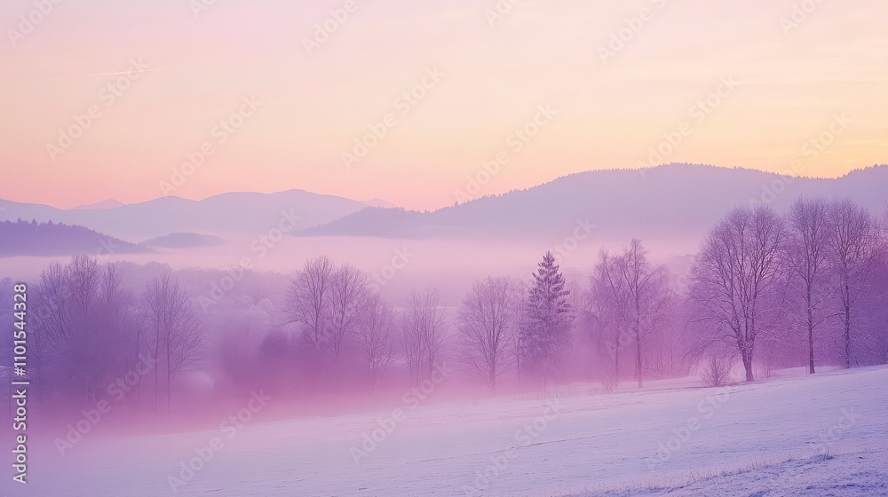 Serene Winter Landscape with Soft Pastel Hues and Misty Hills at Dawn, Capturing the Tranquility of a Snowy Morning in Nature's Embrace Serene Winter Landscape with Soft Pastel Hues and Misty Hills at Dawn, Capturing the Tranquility of a Snowy Morning in Nature's Embrace