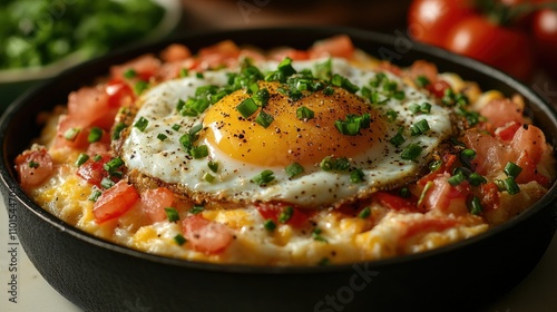 Creamy cheesy grits topped with a fried egg, diced tomatoes, and bacon bits, garnished with chives in a cast iron skillet.