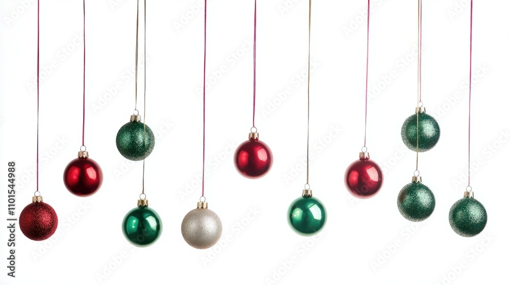 Vertical Christmas decoration with a row of hanging red and green baubles, arranged festively, on a white background Vertical Christmas decoration with a row of hanging red and green baubles, arranged festively, on a white background