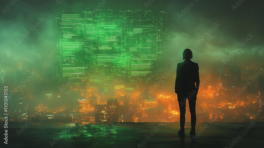 Surreal image of an innovator looking at an AI board full of ideas in a futuristic environment Surreal image of an innovator looking at an AI board full of ideas in a futuristic environment