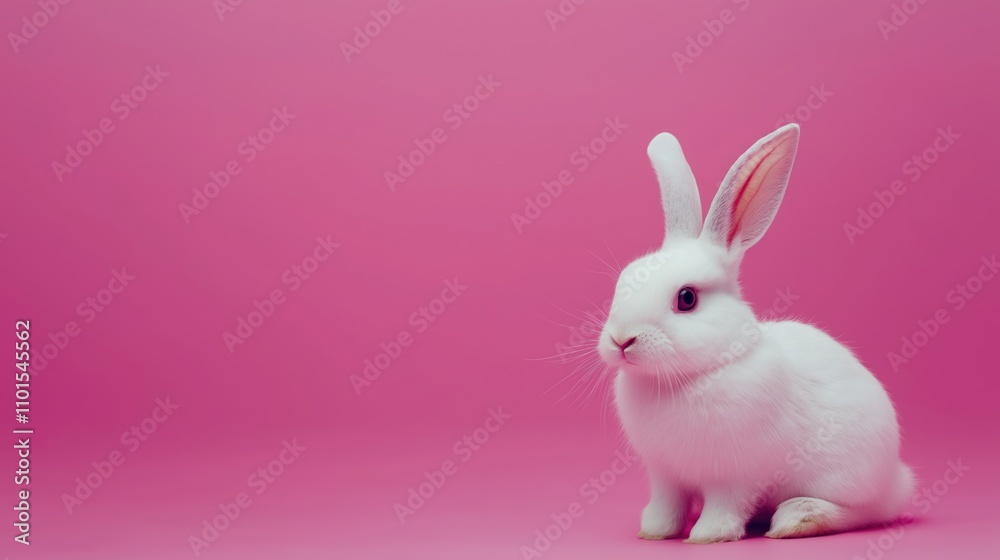 Cute white bunny rabbit sits against pink backdrop. Adorable baby hare in studio setting. Ideal for spring, Easter themes. Easter card design pet animal photo. Pretty bunny hare in pink background. Cute white bunny rabbit sits against pink backdrop. Adorable baby hare in studio setting. Ideal for spring, Easter themes. Easter card design pet animal photo. Pretty bunny hare in pink background.