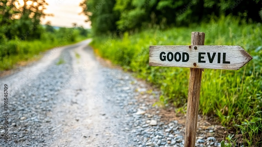 A rustic signpost reading 'Good' and 'Evil' along a gravel path surrounded by lush greenery, symbolizing a choice between two paths in life. A rustic signpost reading 'Good' and 'Evil' along a gravel path surrounded by lush greenery, symbolizing a choice between two paths in life.