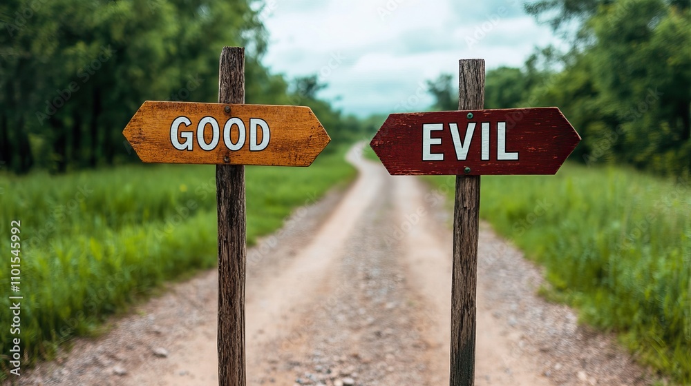 A tranquil dirt path diverges into two signposts labeled 'Good' and 'Evil', set against a backdrop of lush greenery and soft clouds. A tranquil dirt path diverges into two signposts labeled 'Good' and 'Evil', set against a backdrop of lush greenery and soft clouds.
