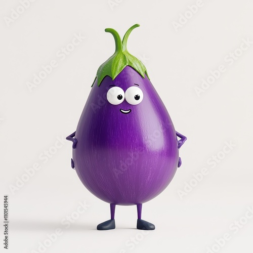 Cheerful cartoon eggplant character with a friendly smile, ideal for children's designs and playful culinary themes. photo