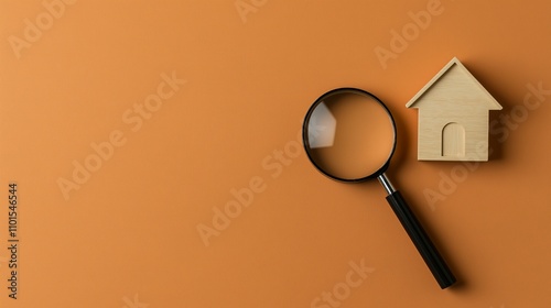 Magnifying glass and wooden house on orange background symbolize home search and real estate exploration.