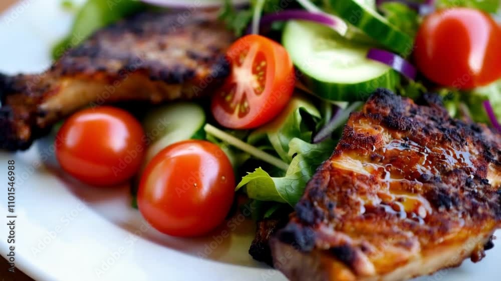 Juicy grilled ribs served with a fresh salad of tomatoes, cucumbers, and greens on a plate. 4k Video footage Juicy grilled ribs served with a fresh salad of tomatoes, cucumbers, and greens on a plate. 4k Video footage