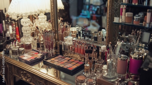 A beautifully arranged vanity table with a variety of women's cosmetics, including lipsticks, eyeshadow palettes, blushes, and brushes, all organized in elegant glass containers