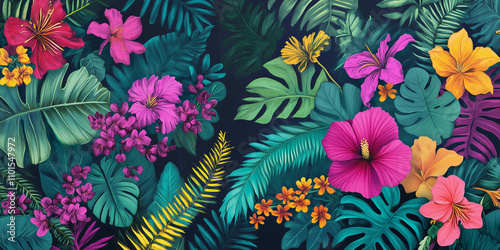 A vibrant, lush pattern filled with overlapping tropical leaves, ferns, and exotic flowers like hibiscus and orchids. photo