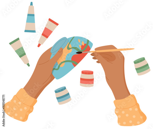 Hands paint with brush in colorful craft activity sticker. Creative process of making art with various colors and tools. Concept of DIY, fun for children and kids, suitable for workshops or school