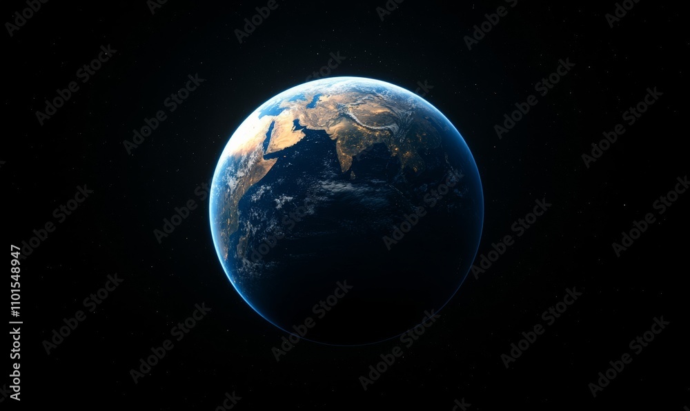 Obraz premium A vivid depiction of Earth's nighttime from space featuring blues, blacks, and whites in detail 