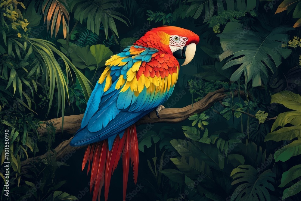 Vibrant macaw perched on branch, lush tropical foliage. Vibrant macaw perched on branch, lush tropical foliage.