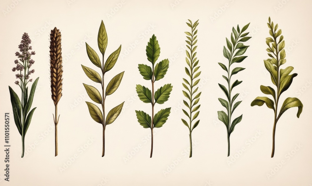 Naklejka premium Antique engraving of forage plants from Brockhaus Konversations-Lexikon 1908; sepia and sage tones 