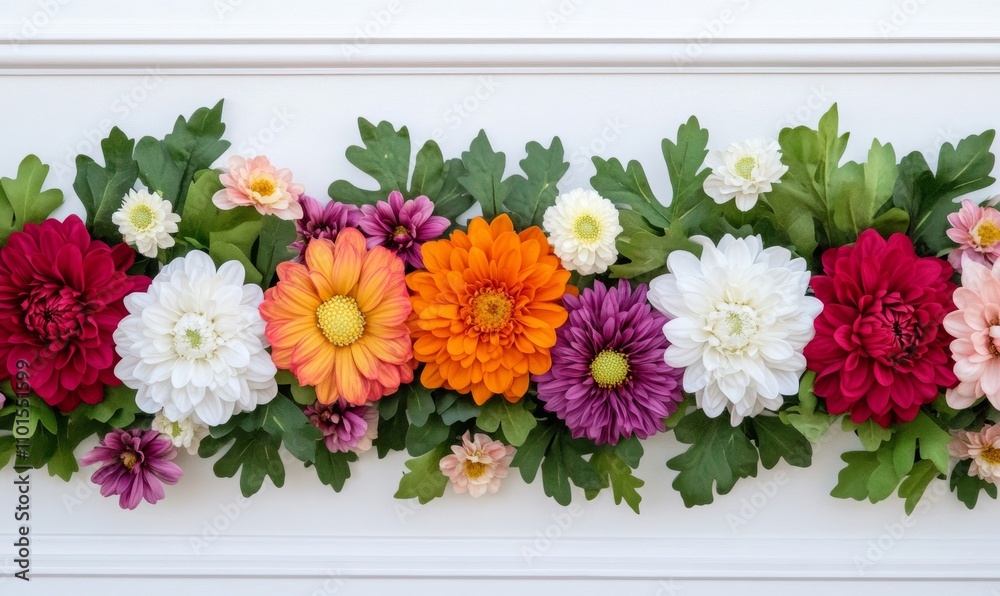 Fototapeta premium Chrysanthemum flower wall backdrop featuring red, orange, pink, purple, green, and white, ideal wedding decor