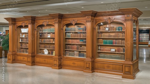 Elegant Wooden Bookshelves Filled with Classic Literature in a Modern Library Setting, Showcasing Rich Woodwork and Organized Display of Colorful Book Spines