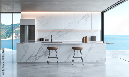 Modern kitchen with white marble countertops, close-up. Panoramic view of the sea with mountains. Two bar stools in front of the central island.