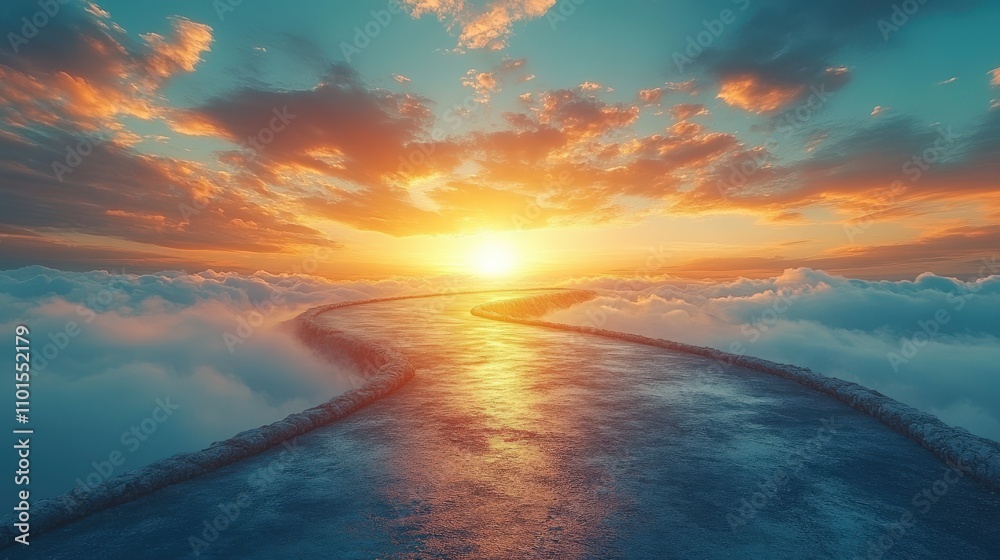 Obraz premium A winding road leads to a vibrant sunset above the clouds, evoking a sense of adventure.