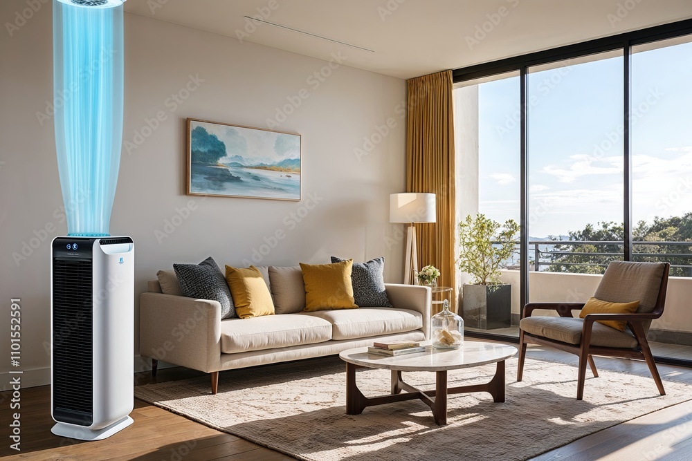 Fototapeta premium High-Tech Air Purifier and Cooling System in a Chic Sunny Living Space