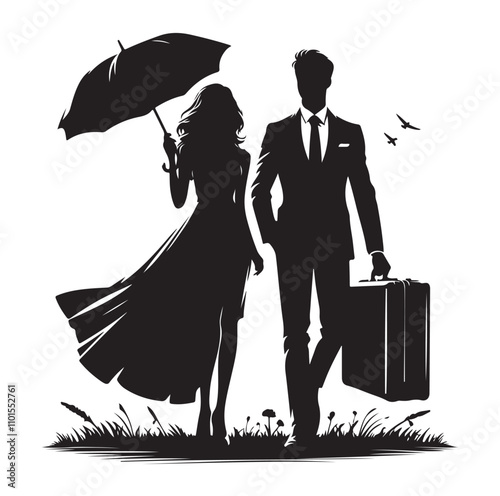 Couple standing silhouette vector illustration