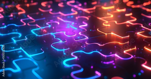 Glowing Neon Puzzle Pieces with Red, Blue, and Purple Lights