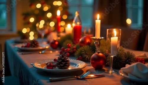 A beautifully arranged dining table for Christmas dinner, featuring elegant red and gold decorations, candles, and a centerpiece of pine cones and berries. A Christmas tree twinkles in the background