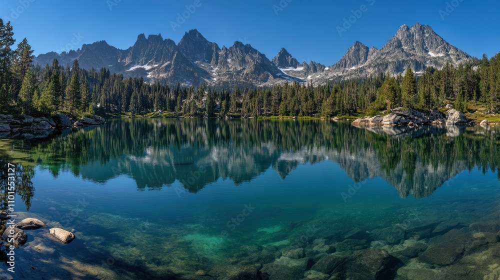 Fototapeta premium Majestic mountain range reflected in a pristine alpine lake
