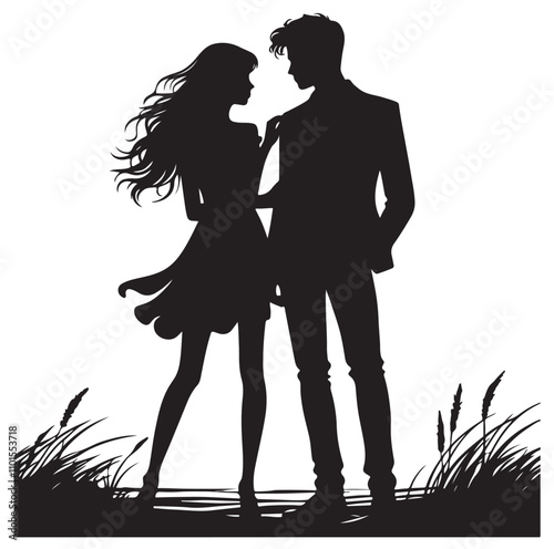 Couple standing silhouette vector illustration