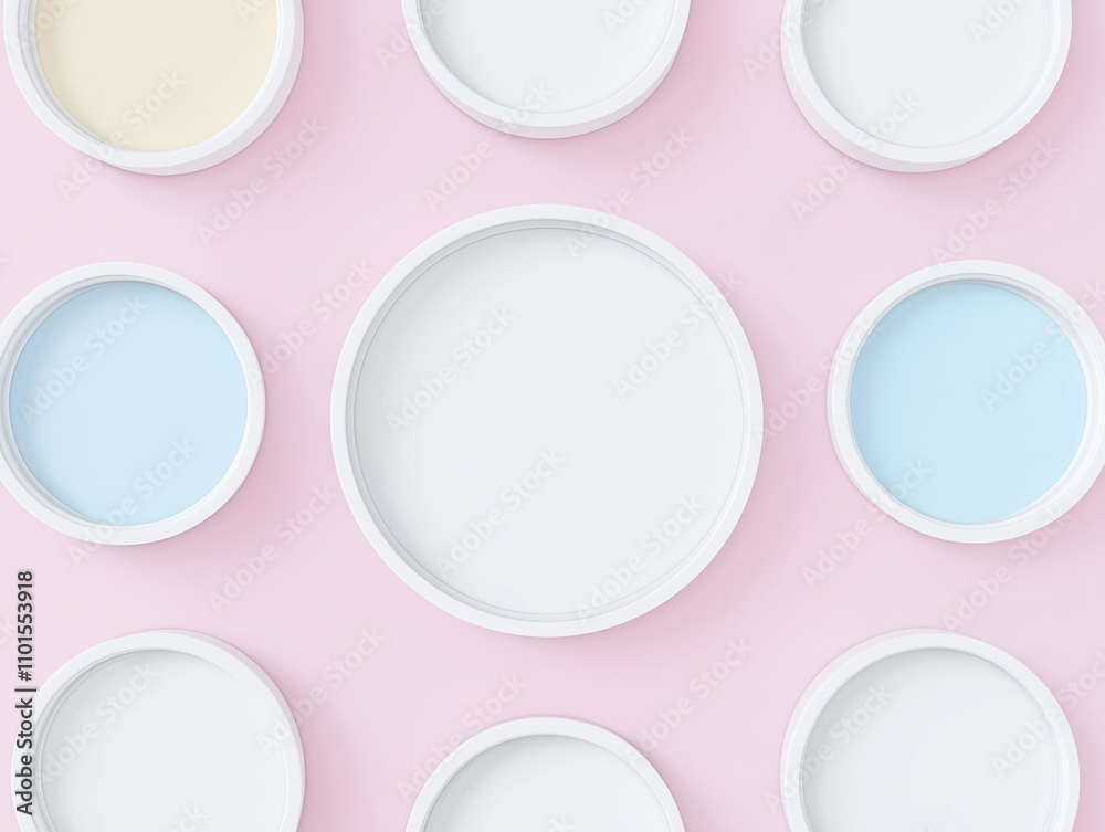 © Vadym - Top view of multiple white cylinder frames on pastel pink background. Empty frames ready for mockups. Abstract design. Minimalist style. Suitable for cosmetic product display. Creative presentation.